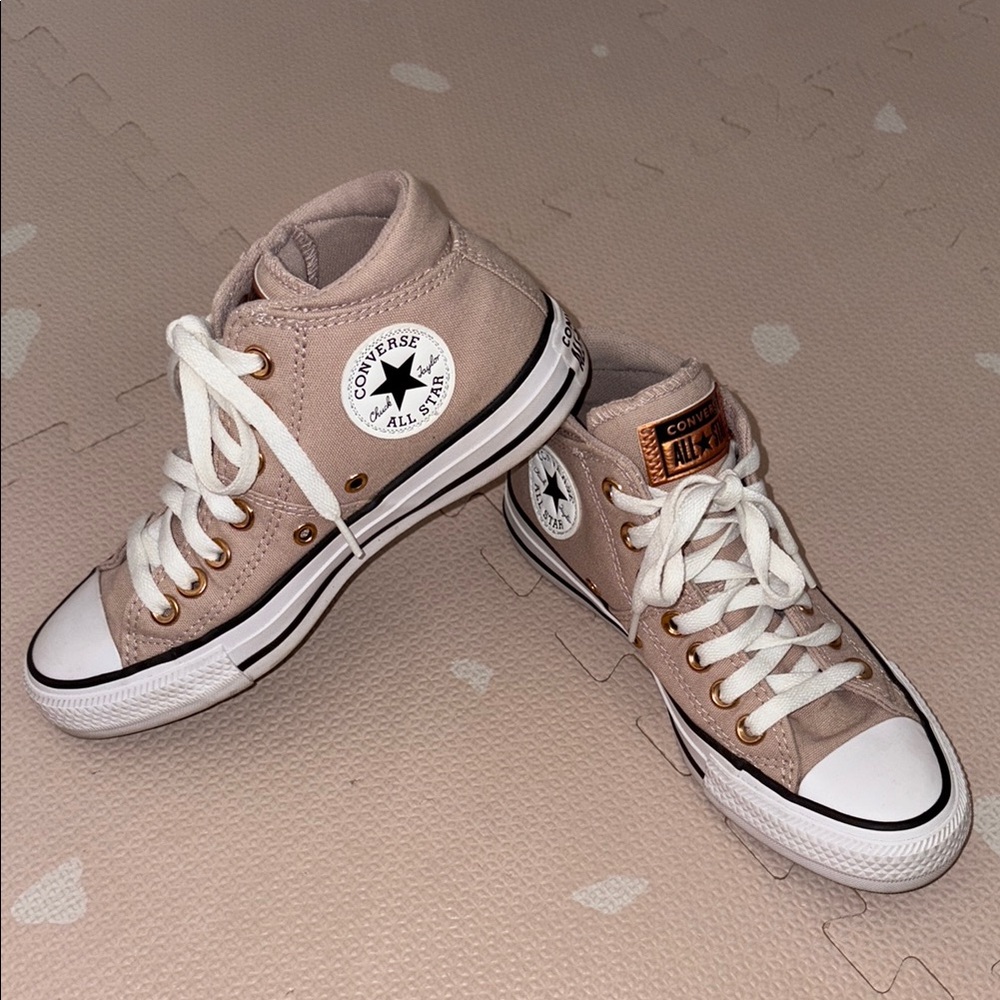 VGUC Converse Tan/Pink High-Top Sneakers Classic Style with White Laces (Size 5)